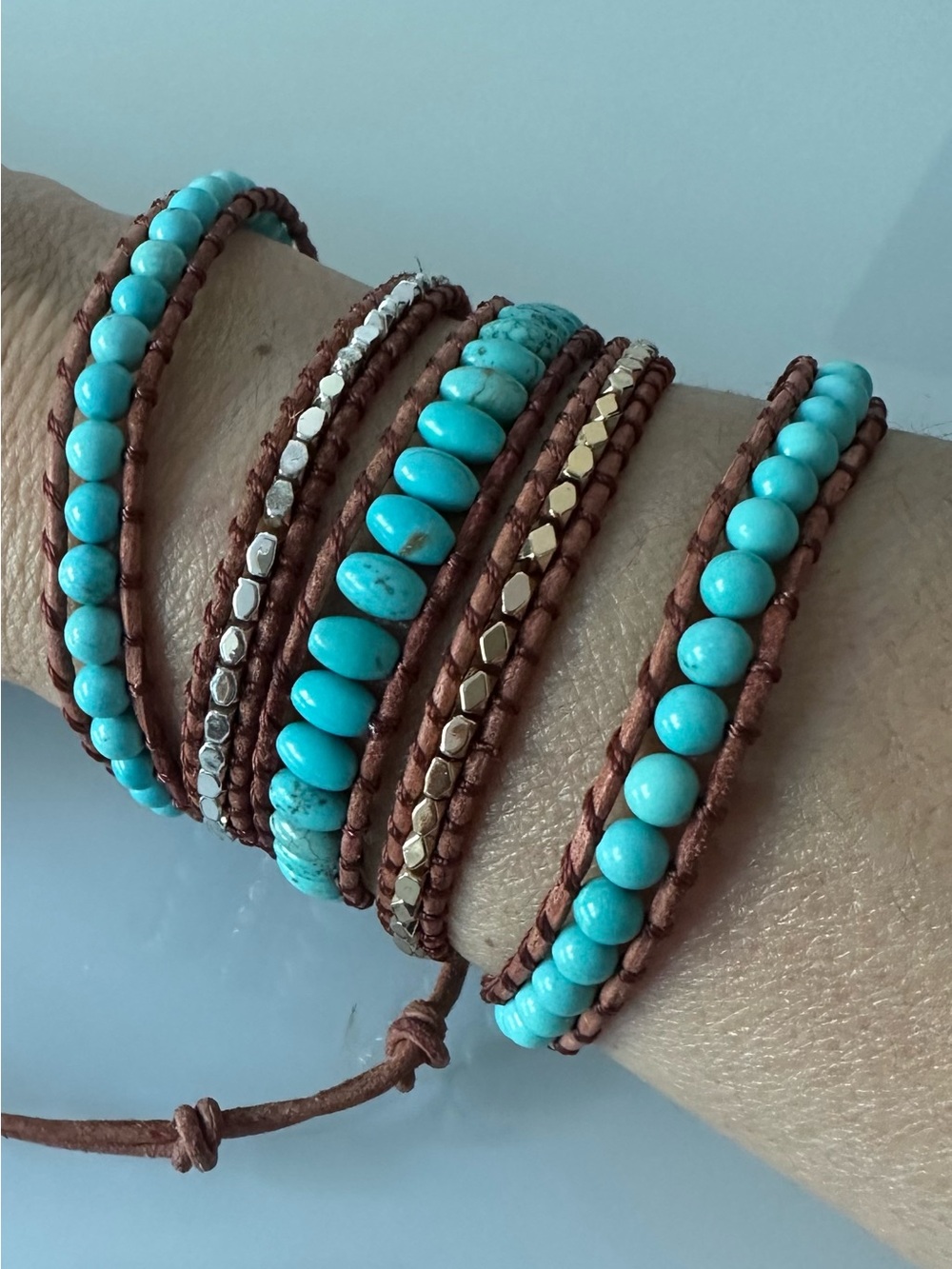 Turquoise Bead Wrap Bracelet - Brown Leather Multi-Strand, new without tag.
